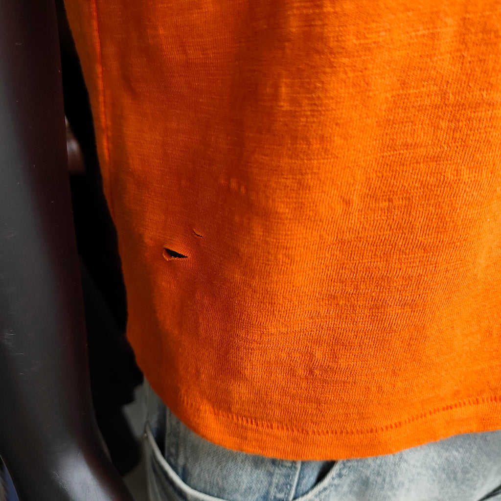 Orange Vintage Washed Slub Cotton T-shirt with Distressed Fashion