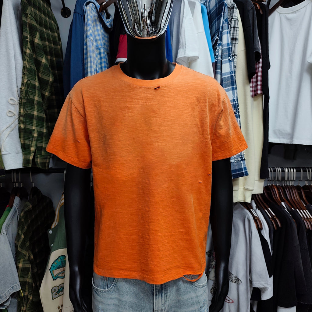 Orange Vintage Washed Slub Cotton T-shirt with Distressed Fashion
